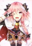  ;d astolfo_(fate) black_bow black_ribbon blush bow braid commentary_request fang fate/apocrypha fate/grand_order fate_(series) garter_straps hair_intakes hair_ribbon highres kazemaru168 long_braid long_hair looking_at_viewer male_focus multicolored_hair one_eye_closed open_mouth otoko_no_ko pink_hair purple_eyes ribbon single_braid smile solo streaked_hair v v_over_eye waistcoat 