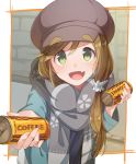  :d bangs blush brown_hair can canned_coffee commentary_request eyebrows_visible_through_hat fang georgia_max_coffee green_eyes hair_ornament hair_scrunchie hat inuyama_aoi konnyaku_(kk-monmon) long_sleeves looking_at_viewer open_mouth scarf scrunchie smile solo thick_eyebrows white_scrunchie yurucamp 