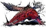  claws closed_mouth commentary_request copyright_name drooling fighting_stance full_body fuse_ryuuta monster_hunter monster_hunter:_world no_humans nostrils odogaron sharp_teeth simple_background snout solo standing teeth white_background 