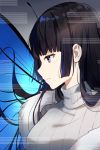  absurdres black_hair blue_eyes butterfly_wings commentary_request highres long_hair mole mole_under_eye original parted_lips profile ribbed_sweater sada_(sadahalu) solo sweater turtleneck turtleneck_sweater wings 