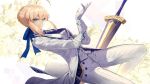  adjusting_clothes adjusting_gloves ahoge arthur_pendragon_(fate) arthur_pendragon_(fate)_(cosplay) artoria_pendragon_(all) avalon_(fate/stay_night) bangs blonde_hair blue_neckwear blue_ribbon braid breasts buttons closed_mouth cosplay dutch_angle excalibur eyebrows_visible_through_hair fate/grand_order fate/stay_night fate_(series) floral_background formal french_braid gloves green_eyes hair_between_eyes hair_bun hair_ribbon hand_up jacket leg_up light_particles long_sleeves looking_at_viewer medium_breasts necktie open_clothes open_jacket pants pocket ribbon saber shiny shiny_hair short_hair sidelocks sideways_glance smile solo suit tie_clip touzai_(poppin_phl95) tsurime waistcoat white_background white_gloves white_jacket white_pants white_rose_(fate/grand_order) white_suit wind 