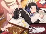  1girl arashiyama_hotori ass bangs bent_over black_hair blush bottle bottomless brown_eyes clothed_sex counting_money cross_section cum cum_explosion cum_in_pussy dimples_of_venus dress dress_lift ejaculation feet highres indoors internal_cumshot legs long_sleeves looking_back lying maid maid_headdress maku_(l-u) money on_stomach open_mouth panties panties_around_leg panties_removed penis prostitution sex shoes short_hair solo_focus soredemo_machi_wa_mawatteiru sweat table thighs underwear vaginal wrist_cuffs x-ray 