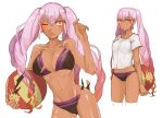  ass ass_visible_through_thighs bikini breasts dark_skin fire_emblem fire_emblem_heroes gradient_hair hair_ornament laevateinn_(fire_emblem_heroes) long_hair looking_at_viewer multicolored_hair navel one_eye_closed pink_hair red_eyes shirt solo swimsuit tnmrdgr twintails 