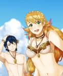  1girl alfonse_(fire_emblem) bare_chest bikini blonde_hair blue_eyes blue_hair braid breasts brother_and_sister cleavage cloud cloudy_sky day fire_emblem fire_emblem_heroes green_eyes hand_on_own_head highres jewelry long_hair looking_at_viewer maji_(majibomber) medium_breasts midriff multicolored_hair navel necklace one_eye_closed open_mouth pink_hair sharena short_hair siblings sky smile swimsuit upper_body wristband 