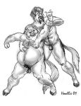  2001 bald balls beard belly drunk duo facial_hair flaccid hooves horn howllie low_res male not_furry nude penis satyr 
