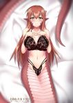  artist_name bare_shoulders bed_sheet blush bra c: collarbone commentary commission cowfee eyebrows_visible_through_hair hair_between_eyes hair_ornament hairclip hands_on_own_chest highres lamia lingerie long_hair looking_at_viewer lying miia_(monster_musume) monster_girl monster_musume_no_iru_nichijou navel on_back panties red_hair scales smile solo underwear very_long_hair yellow_eyes 