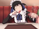  1girl arashiyama_hotori bangs black_hair bottomless breasts censored chin_rest eyes_closed hair_ribbon handjob highres indoors maid maid_headdress maku_(l-u) mosaic_censoring motion_blur open_mouth penis ribbon short_hair side_ponytail sitting solo_focus soredemo_machi_wa_mawatteiru standing table 