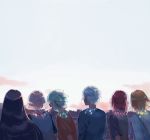  alternate_costume androgynous antarcticite aqua_hair black_hair blonde_hair bort contemporary day diamond_(houseki_no_kuni) facing_away from_behind green_hair highres houseki_no_kuni long_hair multiple_others outdoors phosphophyllite red_hair shinsha_(houseki_no_kuni) shirt short_hair silver_hair sky smile suspenders t-shirt tamomoko white_hair yellow_diamond_(houseki_no_kuni) 