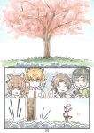  character_request cherry_blossoms comic dhole_(kemono_friends) gharial_(kemono_friends) highres japanese_crested_ibis_(kemono_friends) kemono_friends multicolored_hair multiple_girls murakami_kou_(raye) page_number red_hair silent_comic sloth_(kemono_friends) tiger_(kemono_friends) tiger_ears tree white_hair 