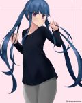  alternate_hairstyle banned_artist blue_hair commentary_request long_hair long_sleeves purple_eyes shima_rin solo sweater tasora twintails yurucamp 