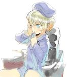  ascot bad_id bad_pixiv_id bangs beret blonde_hair blue_dress blue_eyes blue_hat blue_neckwear blue_sailor_collar closed_mouth dress eyebrows eyebrows_visible_through_hair fronttire hair_between_eyes hand_on_own_head hat kantai_collection long_sleeves machinery sailor_collar sailor_dress short_dress short_hair simple_background solo tears turret white_background z1_leberecht_maass_(kantai_collection) 