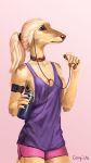  anthro canine clothed clothing conqista female headphones mammal portable_music_player simple_background solo standing studded_collar water_bottle 