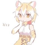  animal_ears bare_shoulders blonde_hair bow bowtie cat_(kemono_friends) cat_day cat_ears colo_(frypan_soul) dated elbow_gloves gloves kemono_friends looking_at_viewer multicolored_hair shirt short_hair simple_background sketch sleeveless sleeveless_shirt solo upper_body white_background white_hair white_shirt 