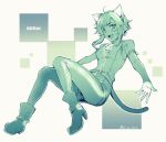  :d ahoge animal_ears bangs belt blush boots cat_ears cat_tail character_name gerat green green_eyes looking_at_viewer monochrome nein_(album) open_mouth shishiyon short_hair smile solo sound_horizon tail twitter_username 