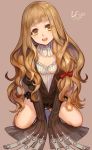  :d all_fours blonde_hair hair_ribbon head_tilt highres kneeling lf_(paro) little_red_riding_hood_(sinoalice) long_hair looking_at_viewer open_mouth ribbon simple_background sinoalice sleeves_past_wrists smile solo yellow_eyes 