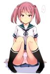  ass black_legwear blue_sailor_collar blue_skirt food_print full_body hair_bobbles hair_ornament heart ippongui kantai_collection kneehighs looking_at_viewer no_shoes panties pantyshot pantyshot_(sitting) pink_eyes pink_hair pink_panties pleated_skirt print_panties sailor_collar sazanami_(kantai_collection) school_uniform seductive_smile serafuku short_hair simple_background sitting skirt smile socks solo speech_bubble spoken_heart strawberry_panties strawberry_print twintails underwear white_background 