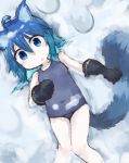  1girl ahoge animal_ears blue_eyes blue_hair borrowed_character female getugadayo gloves highres jpeg_artifacts lying on_back one-piece_swimsuit original pappii snow solo swimsuit tail 