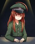  ahoge brown_eyes brown_hair collarbone empty_eyes green_hat hat highres iron_cross jacy kantai_collection kuma_(kantai_collection) long_hair long_sleeves military military_uniform parted_lips solo twitter_username uniform upper_body wehrmacht world_war_ii 