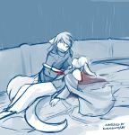  2018 anthro basitin blood blue_background canine cape clothing death duo female hair hair_over_eye hair_over_eyes hi_res keidran keith_keiser kneeling lying male mammal melee_weapon natani on_back outside raining robe sad simple_background sketch sword tom_fischbach twokinds weapon webcomic wet wolf 