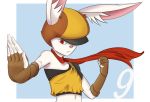  2018 anthro breasts clothed clothing dragon_ball dragon_ball_super eyelashes female fur gloves hat kinglikeme lagomorph looking_at_viewer mammal rabbit red_eyes scarf simple_background small_breasts solo sorrel_(dragon_ball) white_fur 