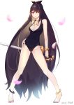  anklet ass_visible_through_thighs bangs barefoot black_hair black_swimsuit bracelet breasts cleavage contrapposto covered_navel covered_nipples dated dungeon_and_fighter eyebrows_visible_through_hair full_body hair_between_eyes hand_on_hip highres holding holding_sword holding_weapon jewelry long_hair looking_at_viewer medium_breasts mou_zhi_pingguo necklace one-piece_swimsuit petals red_eyes solo standing star star_necklace swimsuit sword tiptoes very_long_hair weapon 