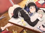  1girl arashiyama_hotori ass bangs bent_over black_hair blush bottle brown_eyes clenched_teeth counting_money dimples_of_venus dress dress_lift feet highres indoors legs long_sleeves looking_down lying maid maid_headdress maku_(l-u) money on_stomach panties panties_around_leg panties_removed prostitution shoes short_hair solo soredemo_machi_wa_mawatteiru sweat table thighs underwear wrist_cuffs 