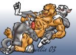  2003 anthro bear canine erection group group_sex howllie low_res male male/male mammal nipples oral penis sex threesome wolf 