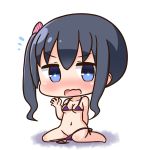  bangs bare_arms bare_legs bare_shoulders barefoot bikini black_hair blue_eyes blush breasts chibi commentary_request eyebrows_visible_through_hair flying_sweatdrops full_body groin hair_between_eyes hair_ribbon hana_kazari hand_up hannen_hiroe long_hair medium_breasts navel nose_blush open_mouth purple_bikini ribbon side-tie_bikini side_ponytail sitting slow_start solo striped striped_ribbon swimsuit untied untied_bikini wariza wavy_mouth white_background 