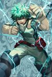  1boy all_might bakugou_katsuki belt bodysuit boku_no_hero_academia character_request clenched_hands commentary dabi_(boku_no_hero_academia) electricity english_commentary freckles gloves green_background green_bodysuit green_eyes green_hair highres looking_at_viewer messy_hair midoriya_izuku open_mouth red_belt shigaraki_tomura spiked_hair todoroki_shouto toga_himiko uraraka_ochako white_gloves yume_ou 