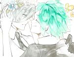  androgynous antarcticite bug butterfly closed_eyes colored_eyelashes face-to-face flower gem_uniform_(houseki_no_kuni) gloves green_hair hair_between_eyes head_wreath houseki_no_kuni insect looking_at_another multiple_others necktie phosphophyllite short_hair silver_eyes silver_hair smile upper_body white_eyes white_hair yatsuki_(yatsukiti028) 