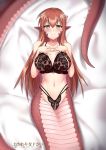  artist_name bare_shoulders bed_sheet blush bra c: collarbone commentary commission cowfee crotchless_panties eyebrows_visible_through_hair hair_between_eyes hair_ornament hairclip hands_on_own_chest highres lamia lingerie long_hair looking_at_viewer lying miia_(monster_musume) monster_girl monster_musume_no_iru_nichijou navel nippleless_clothes nipples on_back panties pussy red_hair scales smile solo underwear very_long_hair yellow_eyes 