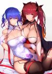  ahoge azur_lane bangs bare_shoulders black_panties blue_hair blush breast_press breasts china_dress chinese_clothes choker cleavage commentary commentary_request dress eyebrows_visible_through_hair floral_print garter_straps gloves hair_ribbon honolulu_(azur_lane) jacket_on_shoulders large_breasts long_hair looking_at_viewer multiple_girls panties partial_commentary pelvic_curtain purple_eyes red_eyes red_hair ribbon saisarisu shiny shiny_hair shiny_skin simple_background sitting smile st._louis_(azur_lane) thighhighs twintails underwear white_background white_gloves 