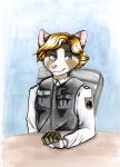  2018 anthro blonde_hair blue_eyes brown_fur chair clothed clothing emmerich ferret fur german hair male mammal mustelid pink_nose police policeman polizei simple_background sitting smile tagme traditional_media_(artwork) uniform white_fur wunderknodel 