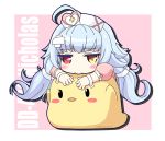  ahoge alternate_costume alternate_hairstyle azur_lane blush character_name chibi commentary_request hat heterochromia hydrock long_hair low_twintails lying_on_another nicholas_(azur_lane) nurse_cap solo stuffed_animal stuffed_toy twintails 