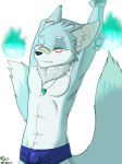  anthro band-aid bandage black_nose blue_fur bulge canine clothing eyes_closed fox fur jewelry magic_fire male mammal multi_tail necklace sharparadise solo speedo stretching swimsuit white_fur 