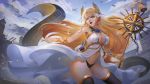  aircraft azur_lane bare_shoulders blonde_hair blue_eyes breasts cleavage cloud cloudy_sky commentary_request cowboy_shot dress eyebrows_visible_through_hair flight_deck hair_between_eyes hair_ornament highres holding holding_staff kaze_no_gyouja large_breasts laurel_crown lips long_hair looking_at_viewer open_mouth panties ribbon sky sleeveless solo staff thighhighs turret underwear veil very_long_hair victorious_(azur_lane) wrist_ribbon 