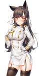  animal_ears atago_(azur_lane) azur_lane bangs black_hair black_legwear blush breasts buttons closed_mouth commentary_request garter_straps gloves hair_ribbon hand_on_hip highres large_breasts long_hair long_sleeves military military_uniform orange_eyes painteen ribbon side_slit simple_background smile solo standing thighhighs uniform white_background white_gloves 
