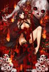  apt bare_shoulders black_hair black_legwear black_nails braid breasts cleavage groin gyakushuu_no_fantasica highres huge_breasts long_hair looking_at_viewer nail_polish official_art red_eyes sandals single_thighhigh skull smile solo thighhighs very_long_hair 