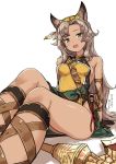  :d animal_ears arm_support bare_shoulders belt black_gloves blush breasts brown_hair cat_ears dark_skin dated erune eyebrows_visible_through_hair fang feathers flower gloves granblue_fantasy green_eyes hair_feathers hair_flower hair_ornament highres long_hair looking_at_viewer medium_breasts nemone nosuku open_mouth pouch sideboob simple_background sitting smile solo twitter_username white_background 