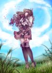  armor blue_sky breastplate brown_hair day fire_emblem fire_emblem:_kakusei flower gauntlets grass highres holding holding_flower long_hair outdoors pauldrons signature skirt sky solo sumia tempe thighhighs wavy_hair 
