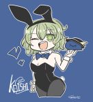  ;d animal_ears bare_shoulders black_hat black_legwear blue_background blue_neckwear blush_stickers breasts bunny_ears bunny_girl bunny_tail bunnysuit character_name cleavage commentary_request cowboy_shot cravat detached_collar ear eyebrows eyebrows_visible_through_hair eyelashes fake_animal_ears fake_tail green_eyes green_hair hat hat_ribbon heart komeiji_koishi looking_at_viewer medium_breasts one_eye_closed open_mouth pantyhose ribbon rupion serving short_hair signature simple_background smile solo standing tail third_eye tongue touhou tray upper_teeth waitress 