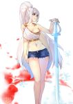  bangs breasts cutoffs dated denim denim_shorts dungeon_and_fighter eyebrows_visible_through_hair female_slayer_(dungeon_and_fighter) halterneck highres large_breasts long_hair looking_to_the_side midriff mou_zhi_pingguo navel ponytail red_eyes short_shorts shorts smile solo standing sword very_long_hair weapon white_hair 