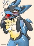  2017 ?bodysuit anthro ball_gag bdsm bondage bound bulge canine chest_spike clothed clothing denverend digital_drawing_(artwork) digital_media_(artwork) gag gagged handcuffs hi_res lucario male mammal nintendo pok&eacute;mon pok&eacute;mon_(species) red_eyes rubber shackles simple_background skinsuit solo spikes teeth text tight_clothing tongue tongue_out video_games 