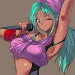  ;) animal_ears aqua_hair armpits bandana breasts commentary_request dark_skin eyebrows_visible_through_hair fish_girl grey_background head_fins highres holding holding_microphone juri_(yuu_yuu_hakusho) lipstick long_hair makeup microphone negresco one_eye_closed ponytail purple_eyes simple_background smile solo upper_body yuu_yuu_hakusho 