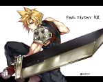  blonde_hair blue_eyes brown_footwear buster_sword cloud_strife commentary_request final_fantasy final_fantasy_vii gloves knee_up left-handed male_focus shirt shoulder_pads sleeveless sleeveless_shirt solo spiked_hair sword tama_(tmfy5) weapon 
