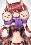  1girl animal_ears blush breasts cerberus_(shingeki_no_bahamut) dog_ears granblue_fantasy hair_between_eyes hand_puppet inaba_sunimi long_hair looking_at_viewer medium_breasts midriff navel open_mouth puppet red_eyes red_hair revealing_clothes scarf shingeki_no_bahamut simple_background solo twintails very_long_hair white_background 