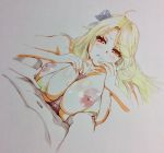  1girl adocchi azur_lane bikini blonde_hair bow breasts brooklyn_(azur_lane) commentary_request hair_bow hetero highres huge_breasts long_hair nipples paizuri paizuri_under_clothes penis red_eyes swimsuit traditional_media upper_body watercolor_(medium) 