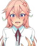  1girl anger_vein angry blouse breast_grab breasts eroe fang frills grabbing hetero long_hair open_mouth original pink_hair purple_eyes sweat teeth tongue unnamed_tsrpg_protagonist_(eroe) 