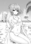  alcohol beach bikini blush bracelet breasts cleavage collarbone cup drinking_glass eyebrows_visible_through_hair greyscale highres holding holding_cup idolmaster idolmaster_cinderella_girls jewelry large_breasts looking_at_viewer mole mole_under_eye monochrome navel necklace open_mouth outdoors short_hair sitting solo stool swimsuit takagaki_kaede teraguchi 