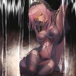  arm_up bangs bodysuit breasts cameltoe closed_mouth covered_navel covered_nipples dutch_angle eyebrows_visible_through_hair fate/grand_order fate_(series) hair_between_eyes hand_up head_tilt highres large_breasts long_hair looking_at_viewer pauldrons purple_hair red_eyes scathach_(fate)_(all) scathach_(fate/grand_order) sitting solo throtem veil very_long_hair water yokozuwari 